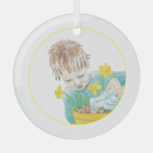 Boy With Daffodils   Glass Tree Decoration