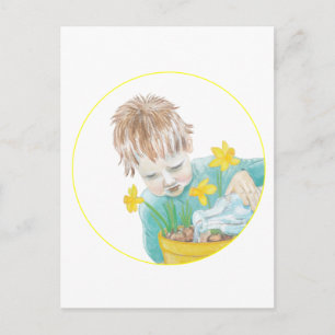 Boy With Daffodils   Holiday Postcard