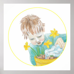 Boy With Daffodils Poster