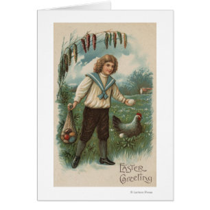 Boy with Easter Egg Basket Holding Egg