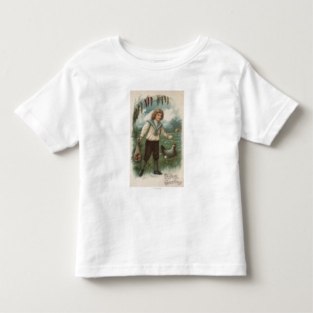 Boy with Easter Egg Basket Holding Egg Toddler T-Shirt (Front)