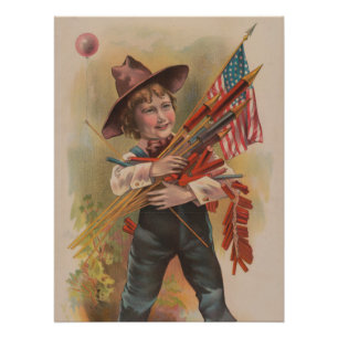 Boy with Fireworks, American Flag, Patriotic Print