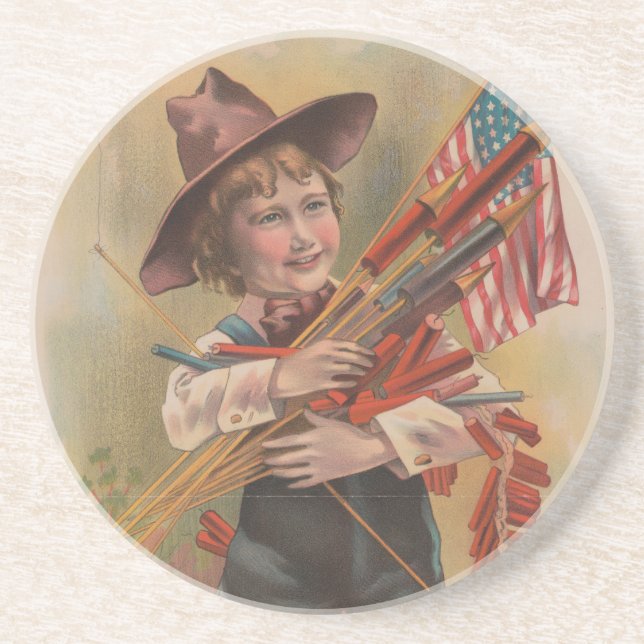 Boy with Fireworks, American Flag, Patriotic Print Coaster (Front)