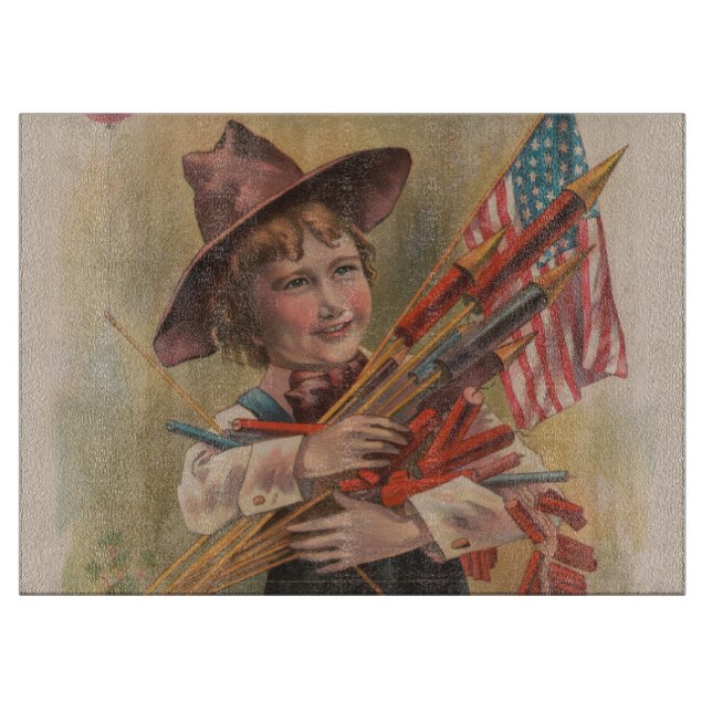 Boy with Fireworks, American Flag, Patriotic Print Cutting Board (Front)