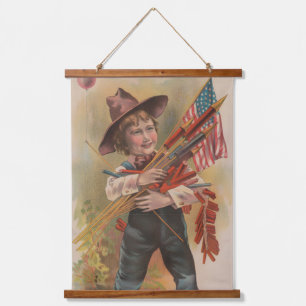 Boy with Fireworks, American Flag, Patriotic Print Hanging Tapestry