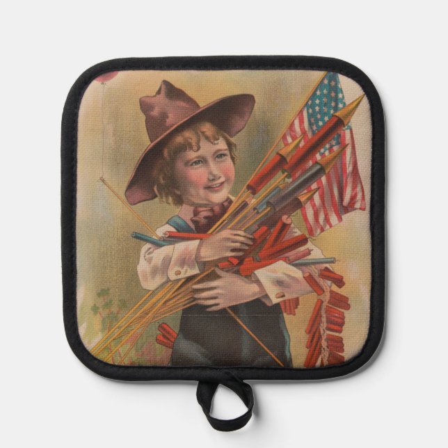 Boy with Fireworks, American Flag, Patriotic Print Pot Holder (Front)