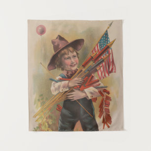 Boy with Fireworks, American Flag, Patriotic Print Tapestry