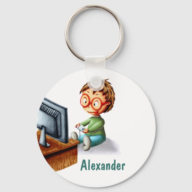 Boy with glasses playing video games personalized key ring (Front)