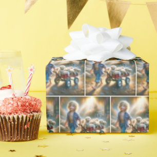 Boy With Golden Retriever Puppies In Wagon Wrapping Paper
