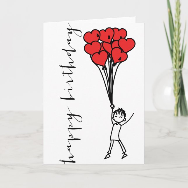 Boy with Heart Balloons Doodle Happy Birthday Card (Front)