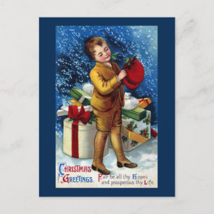 Boy with Pile of Presents in the Snow Postcard