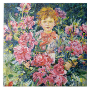 Boy With Red Peony Flowers (by Robert Reid) Ceramic Tile