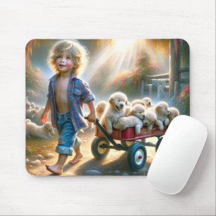 Boy With Red Wagon And Golden Retriever Puppies Mouse Pad