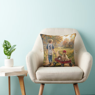 Boy with Red Wagon and Golden Retriever Puppy Cushion