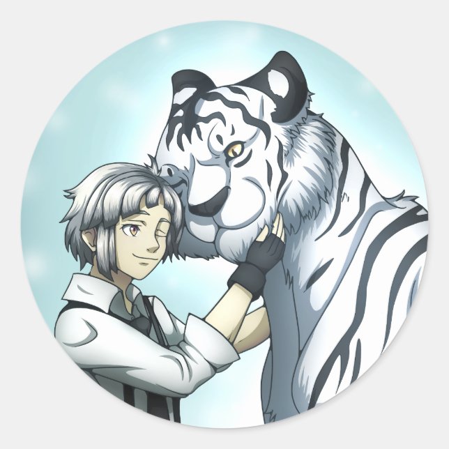 Boy with White Tiger Classic Round Sticker (Front)
