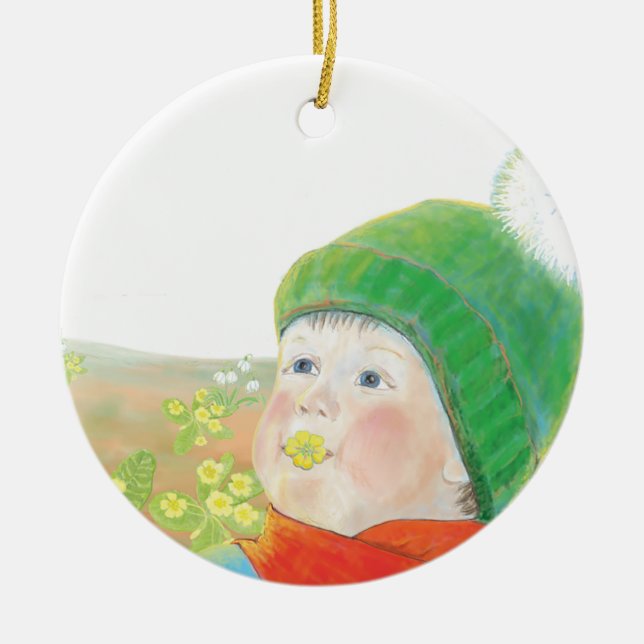 Boy with  Wild Primroses  Ceramic Ornament (Front)