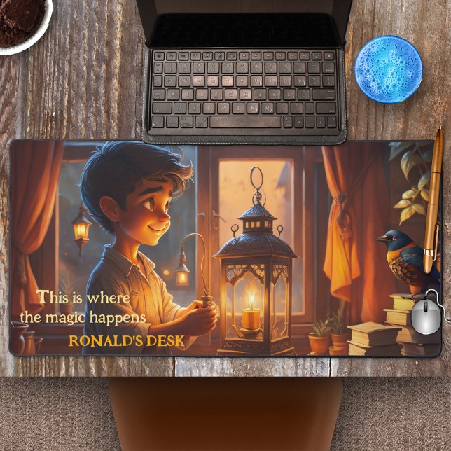 Boy Wizard Magic Fantasy Desk Mat (An artistic desk mat featuring a fantasy world with a boy wizard inventing the magic of light.)