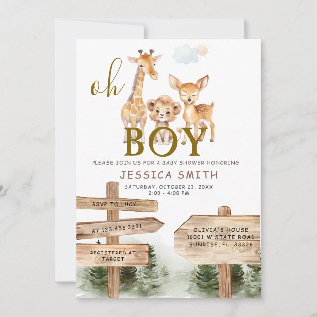 Boy Wood Forest Safari Animals Baby Shower  Invitation (Front)