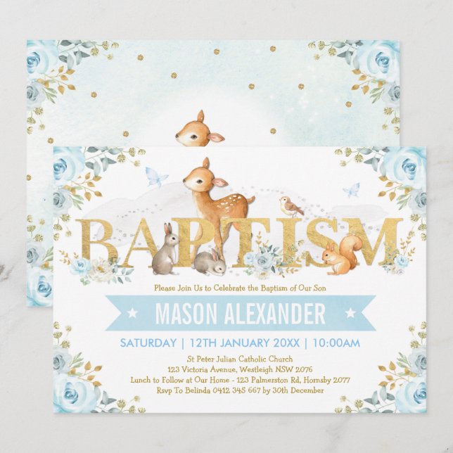 Boy Woodland Animals Blue Gold Floral Baptism Invitation (Front/Back)