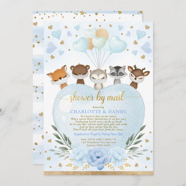 Boy Woodland Baby Shower By Mail Blue Gold Hearts Invitation (Front/Back)