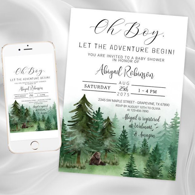 Boy Woodland Bear Oh Boy Baby Shower Invitation (Woodland bear baby shower invitation. Instant download and printed invitations available.)