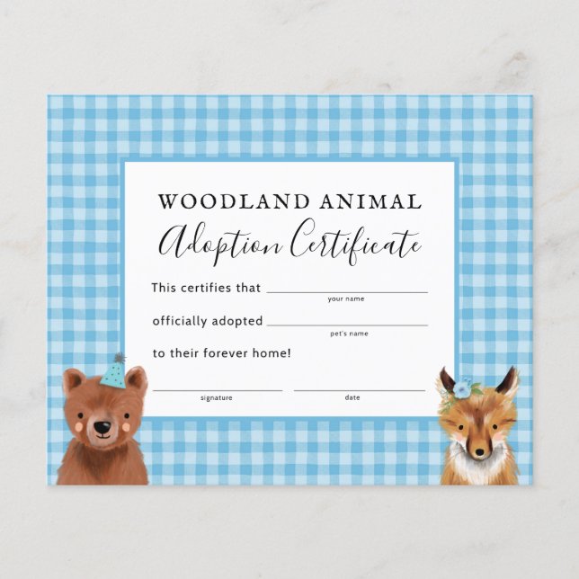 Boy Woodland Birthday Party Adoption Certificate (Front)