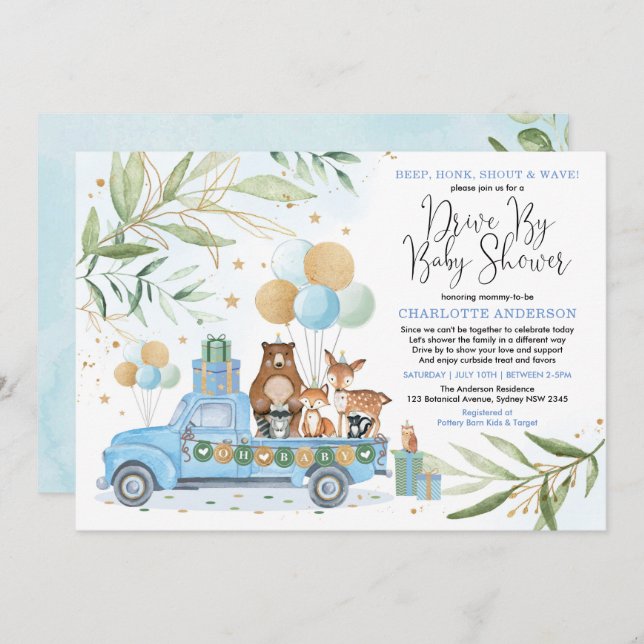 Boy Woodland Forest Drive By Baby Shower Parade Invitation (Front/Back)