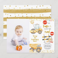 Boy Yellow Construction Trucks Birthday with Photo