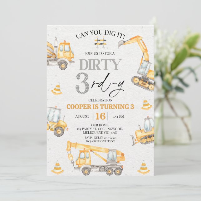 Boy Yellow Grey Construction Dirty 3rd-y Birthday  Invitation (Standing Front)