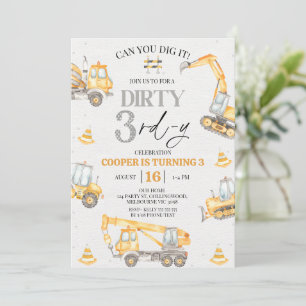 Boy Yellow Grey Construction Dirty 3rd-y Birthday  Invitation