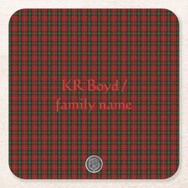 Boyd Clan Family Tartan with your name / initials Square Paper Coaster (Front)