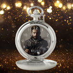 Boyfriend husband name photo pocket watch<br><div class="desc">Template for Your own photo of a friend,  boyfriend,  son or husband. Template for a name or text,  white letters.  A great birthday gift or keepsake for her.  White clock face numbers from 8 to 4.</div>