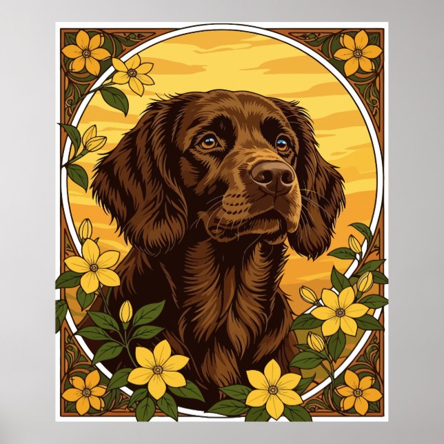 Boykin Spaniel And Yellow Jasmine Flowers Poster (Front)