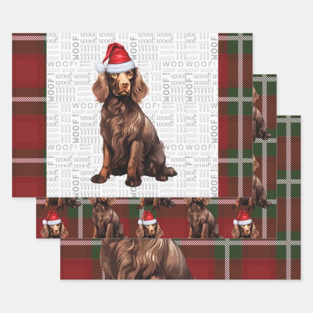 Boykin Spaniel Christmas Dog Deep Red Plaid Wrapping Paper Sheet (Set)