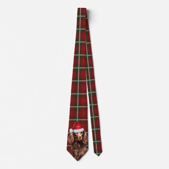 Boykin Spaniel Dog Deep Red Plaid Christmas Tie (Front)