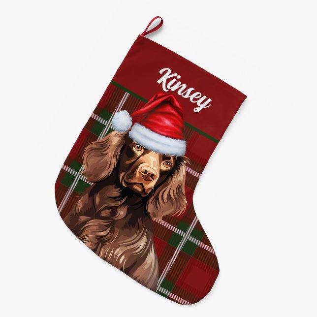 Boykin Spaniel Dog Red Plaid Personalised Large Christmas Stocking (Front (Hanging))