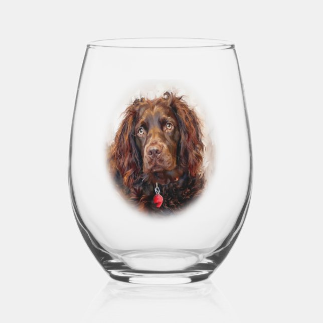 Boykin Spaniel Impressionist Painting Stemless Wine Glass (Front)