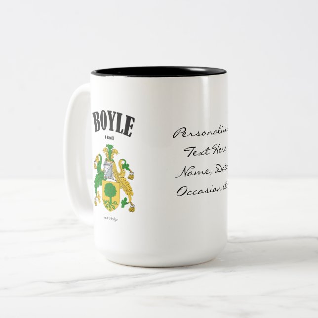 Boyle Family Crest, Translation & Meaning Two-Tone Coffee Mug (Front Left)