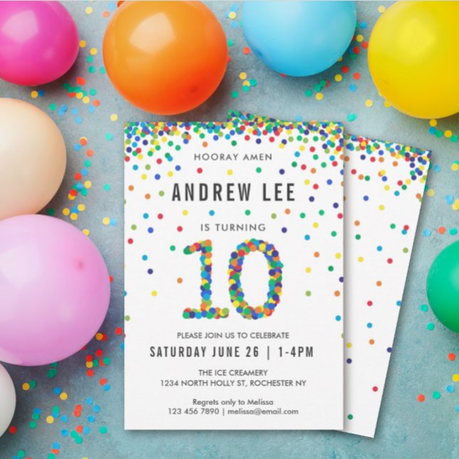 Boys 10th Birthday Party, Primary Colour Confetti Invitation (Creator Uploaded)