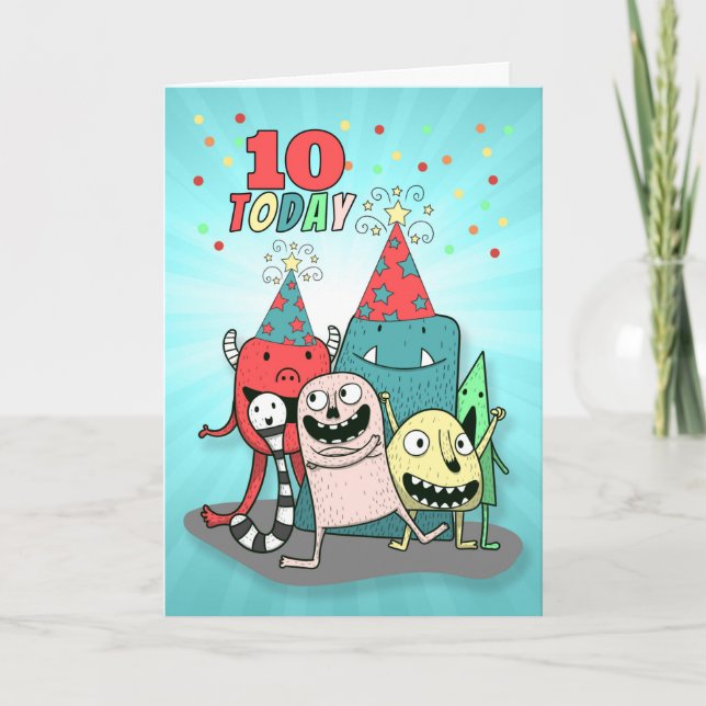 Boy's 10th Colourful Monster Birthday Card (Front)