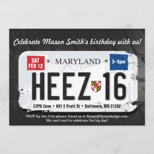 Boy's 16th Birthday Maryland License Invitation