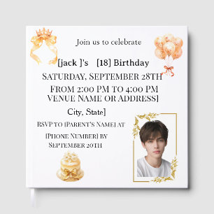 Boy's 18th Birthday Photo Guest Book Gold & Whit