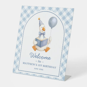Boy's 1st Birthday Blue Gingham Script Welcome Pedestal Sign