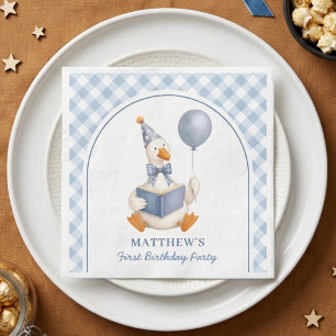 Boy's 1st Birthday Cute Goose Blue Gingham Script Napkin