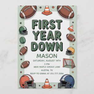 Boy's 1st Birthday First Year Down - Football Bday Invitation