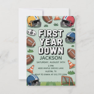 Boy's 1st Birthday First Year Down - Football Invitation