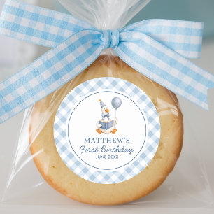 Boy's 1st Birthday Goose Blue Gingham Script  Classic Round Sticker