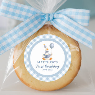 Boy's 1st Birthday Goose Blue Gingham Script Classic Round Sticker