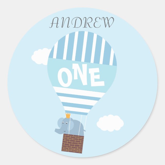 Boys 1st Birthday Hot Air Balloon Elephant Sticker (Front)