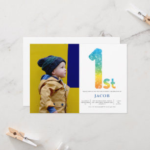 Boys 1st Birthday Orange Yellow Blue Photo Invitation